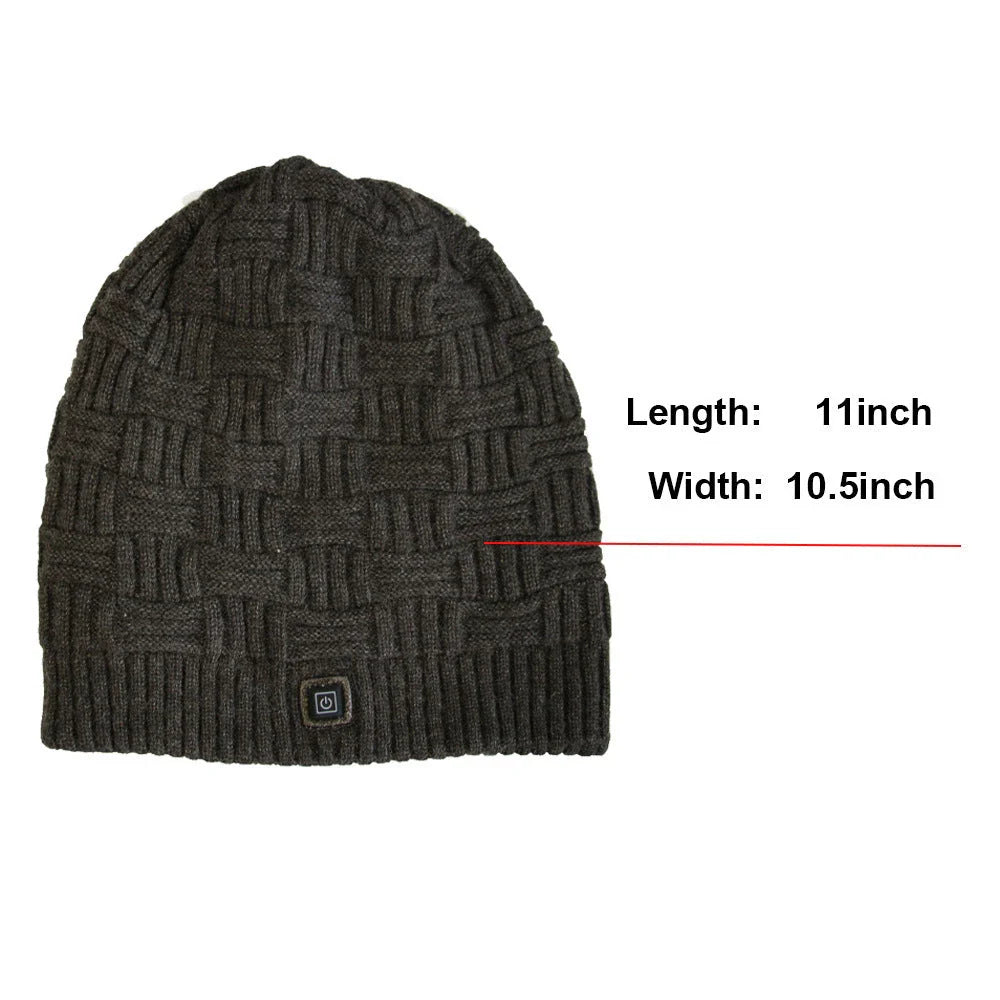 USB rechargeable heated fleece hat with adjustable temperature settings for outdoor activities like hiking, climbing, and fishing