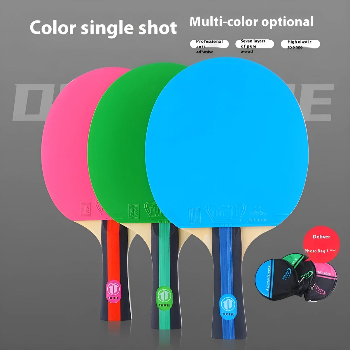 Wood table tennis racket with high elastic rubber surface and matching protective storage bag in choice of colours