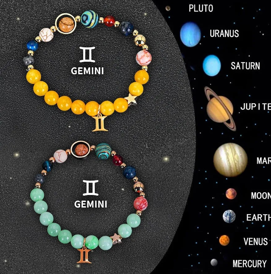 Two natural stone beaded bracelets with zodiac signs on adjustable cords, 8mm beads