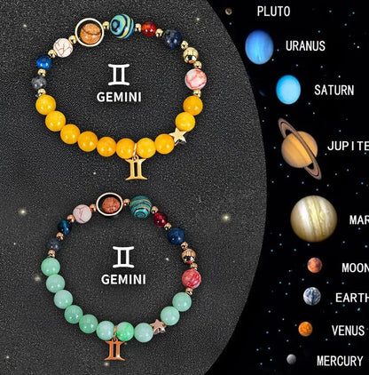 Two natural stone beaded bracelets with zodiac signs on adjustable cords, 8mm beads