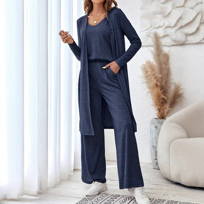 Women's blue three-piece suit with sling top, long cardigan, and trousers in Japanese-Korean casual style