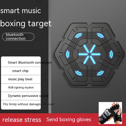 Blue hexagonal boxing machine with gloves, 430mm square target with musical feedback system