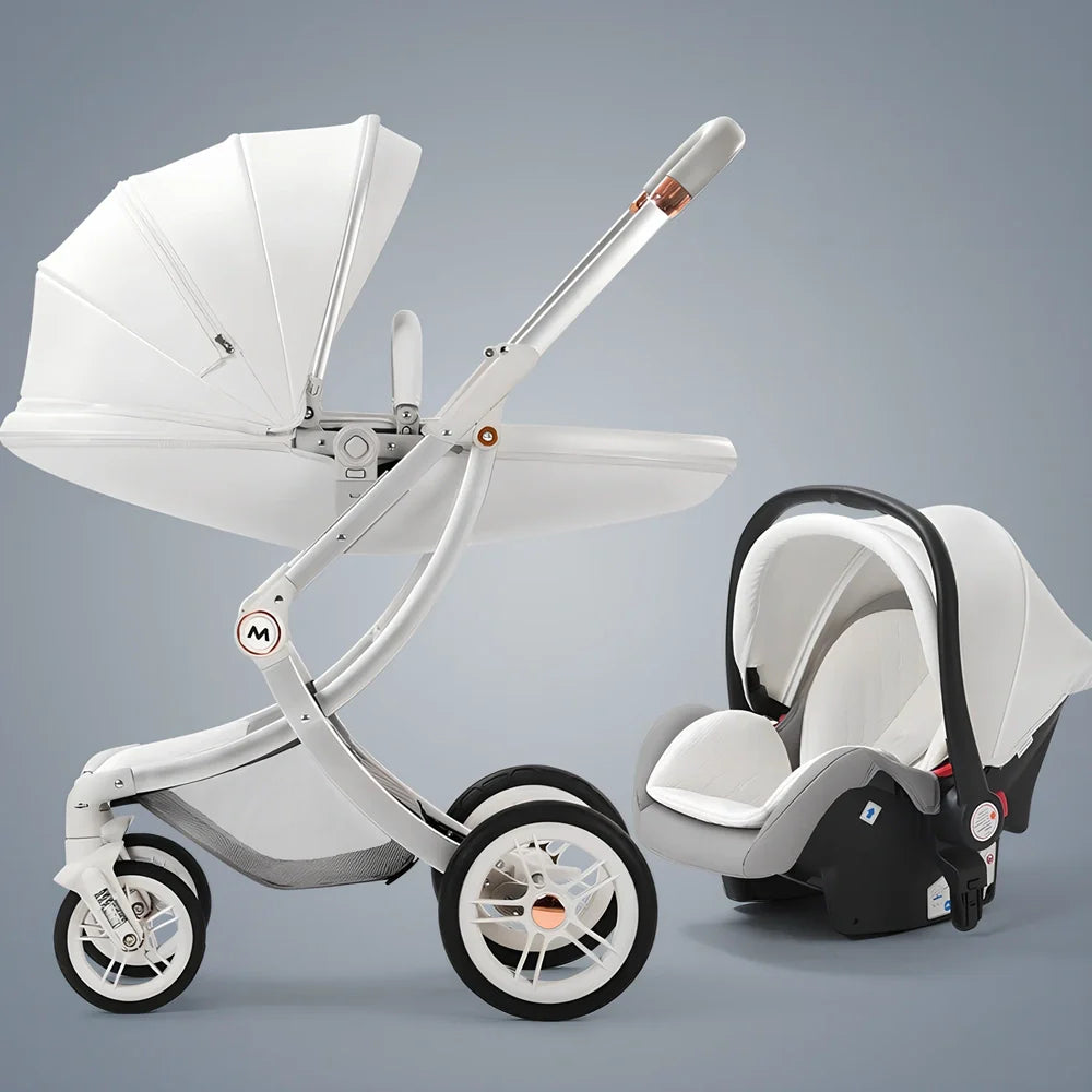 Luxury baby stroller with car seat showing aluminium frame and storage basket in Caesar Brown colour