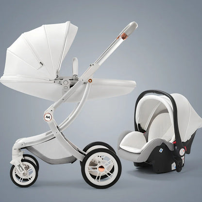 Luxury baby stroller with car seat showing aluminium frame and storage basket in Caesar Brown colour