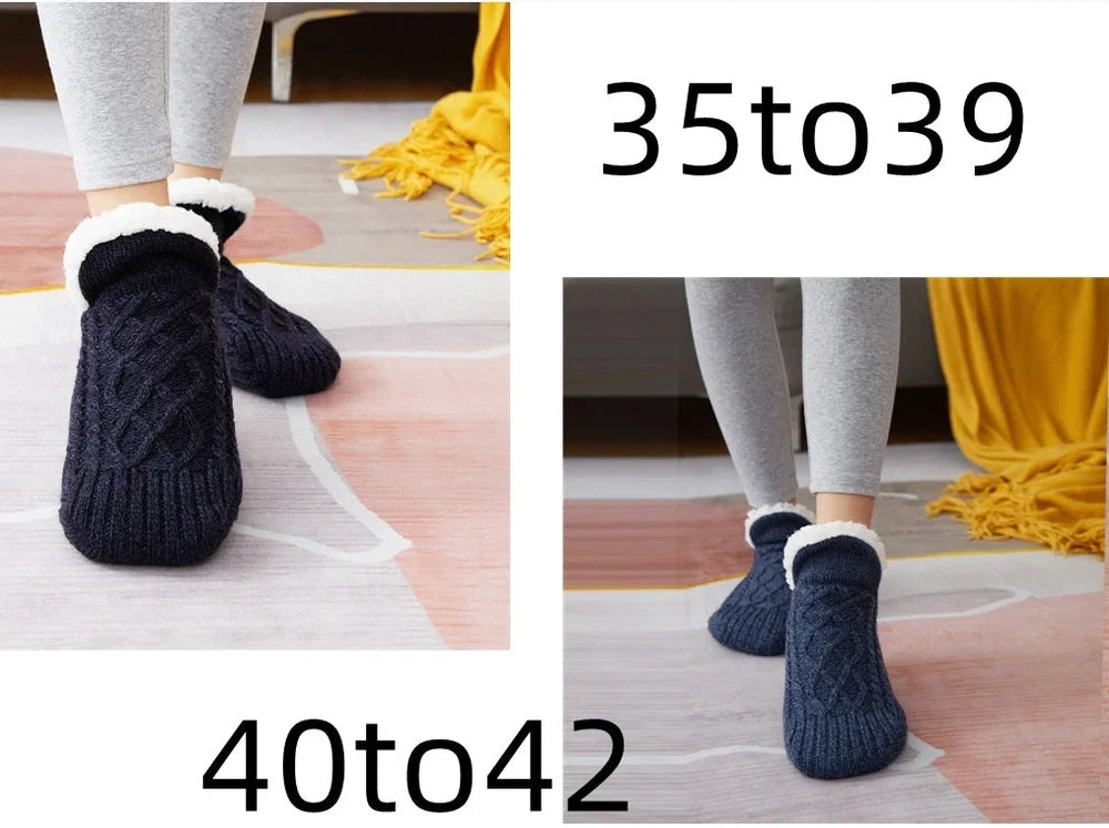 Winter woolen socks with V-opening design and anti-slip dots on soles in navy blue colour