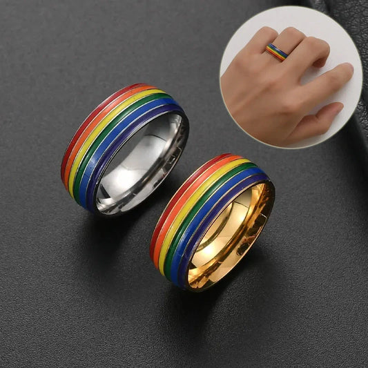 Stylish Rainbow Pride Ring in gold and silver, perfect for showing LGBT support