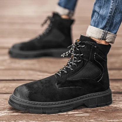 Men's vintage-style Martin boots with frosted microfiber leather upper and 1-3cm thick heel in black, sand, or grey