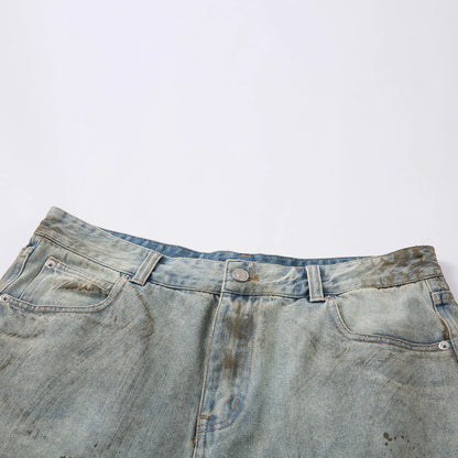 Blue denim cropped middle pants with straight-leg style and zipper fly closure on a street fashion background