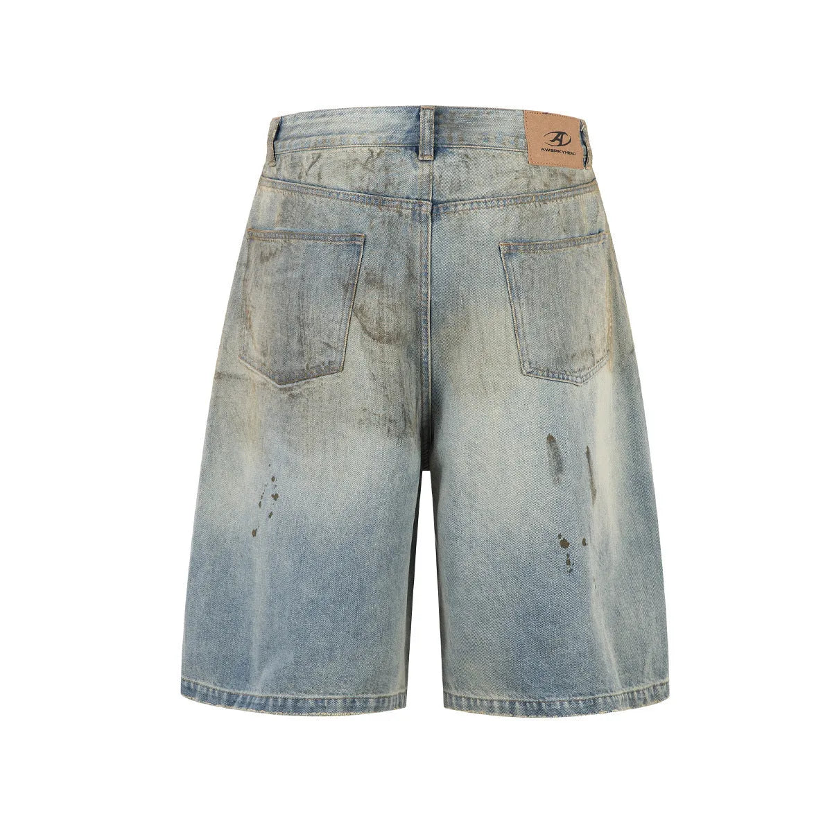 Blue denim cropped middle pants with straight-leg style and zipper fly closure on a street fashion background