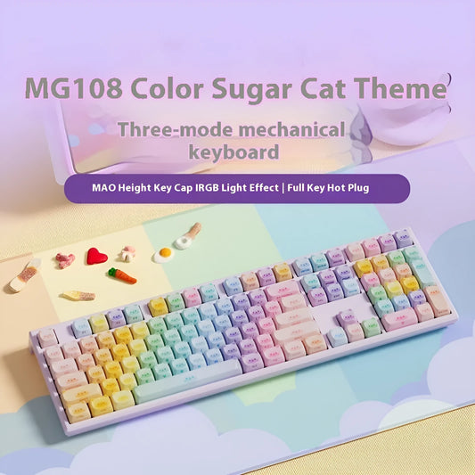 Coloured sugar cat themed Bluetooth mechanical keyboard with 108 keys on a desk.
