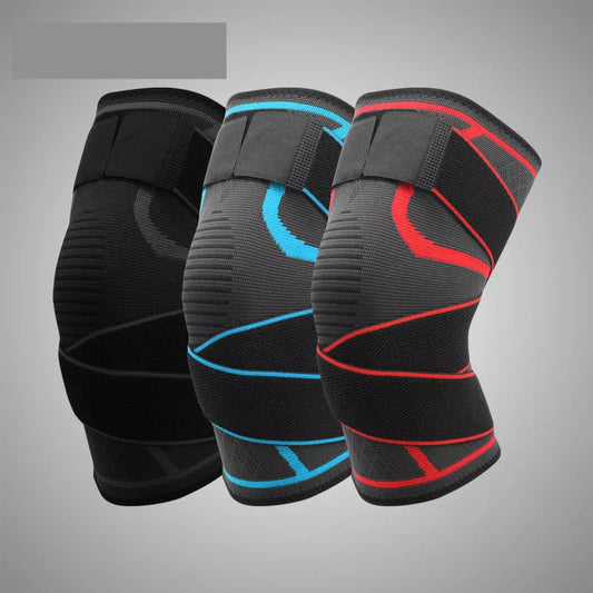Sports Compression Cross Strap Knee Pads in black grey, grey blue, and grey red