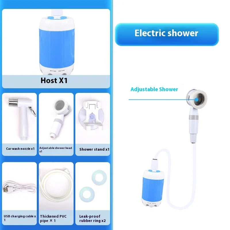 Rechargeable portable outdoor shower with adjustable water flow and spray settings for camping, hiking, and travel