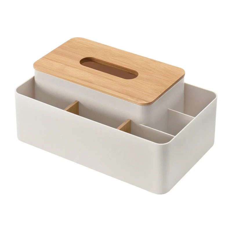 Multifunctional tissue box with remote control storage compartment, made of PS+ bamboo materials in apricot and white colors
