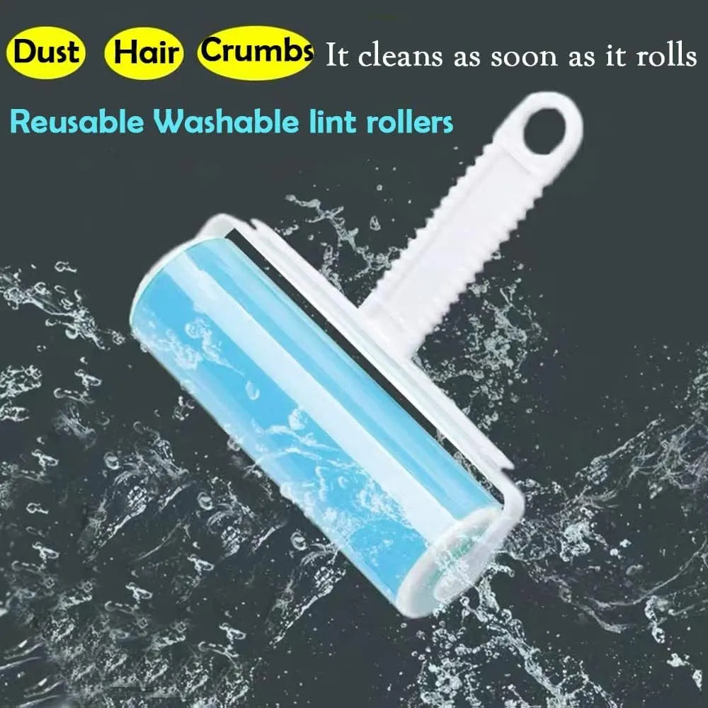 Washable lint roller in blue, green, pink, or yellow with reusable adhesive for pet hair removal