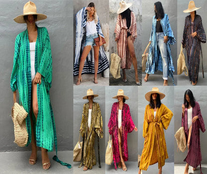 Printed cotton beach cover-up shirt in DN0712 series colours showing loose fit and 135cm length for sun protection