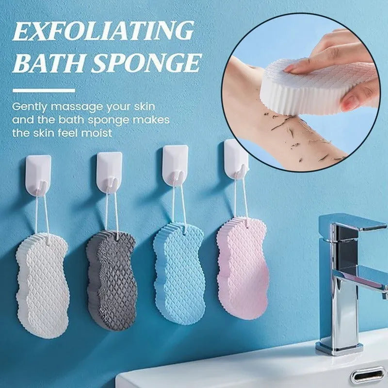 White 3D bath ball sponge with a fish scale exfoliating texture on a blue background.