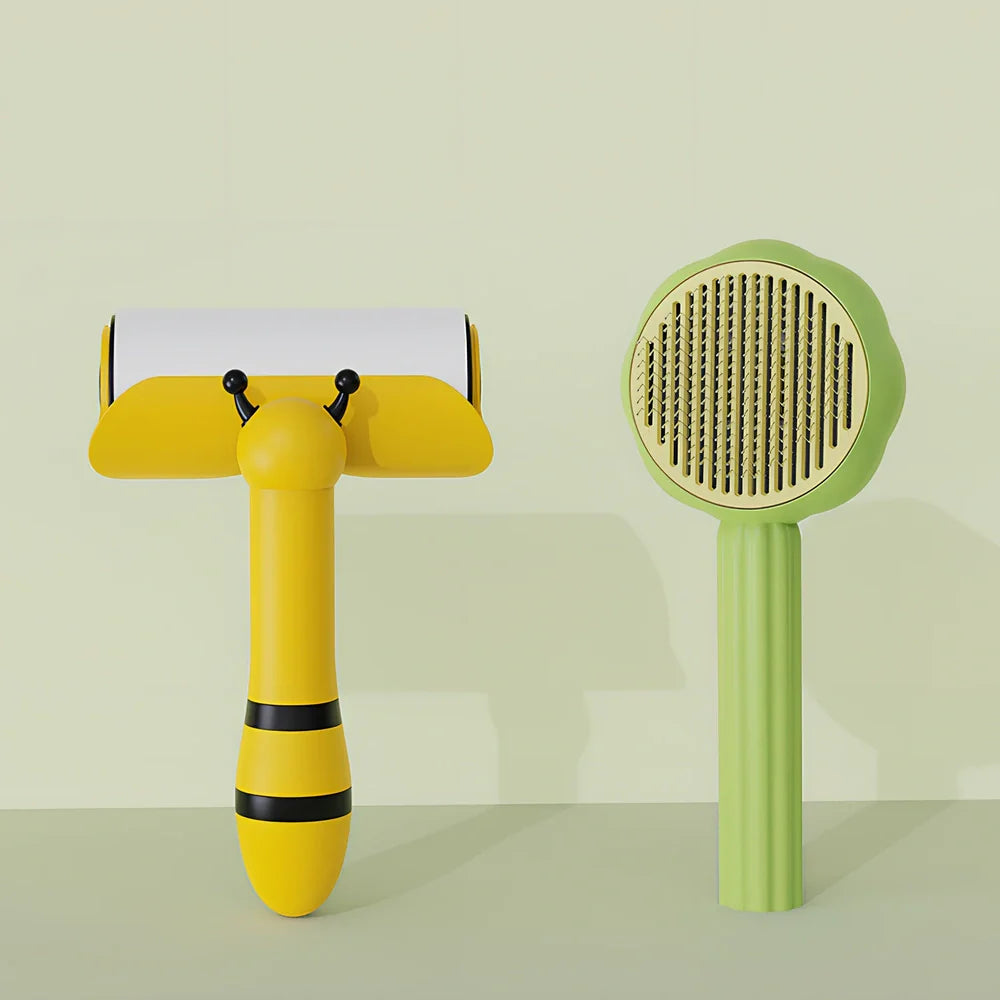 Sunflower design pet comb with stainless steel needles and one-click hair removal button