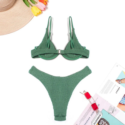 Women's green solid colour ruffle split bikini suit, two-piece polyester swimwear with top and briefs, sizes S M L