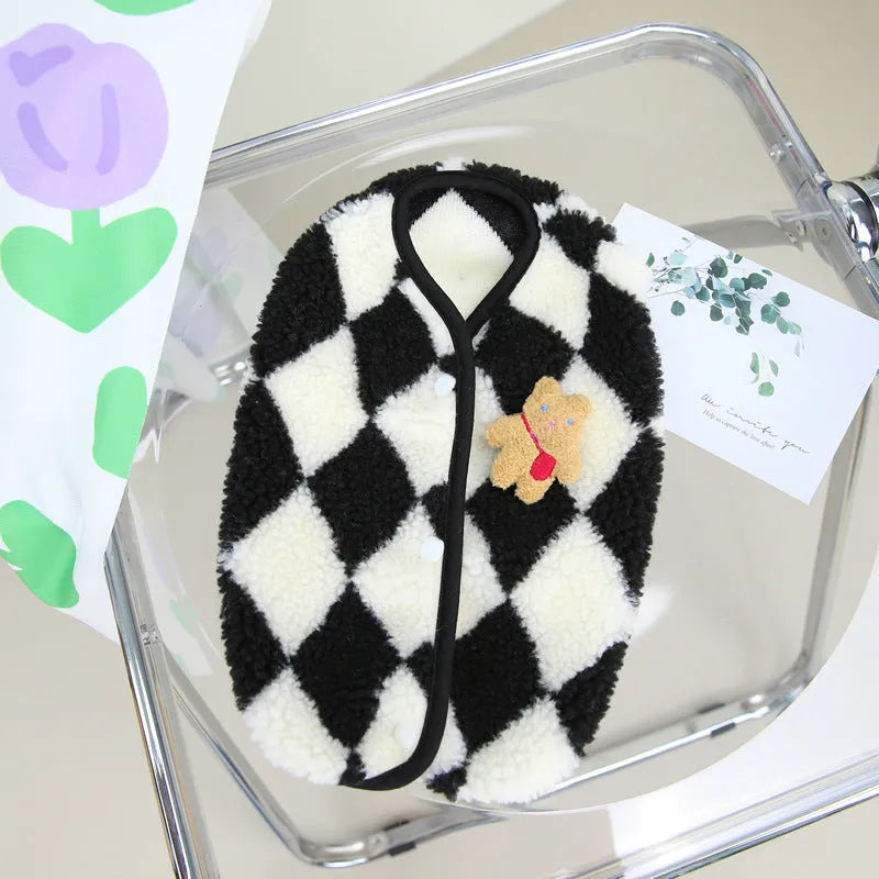 Coral velvet pet vest with diamond plaid pattern in black or brown, sizes S to XXL for cats and dogs.