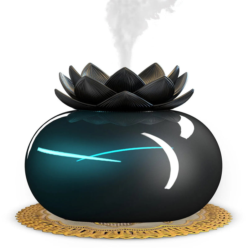 Lotus Aromatherapy Humidifier with USB power: Ultrasonic operation at 36dB noise level for quiet moisture replenishment in rooms up to 20m², featuring ceramic construction and pure black finish.