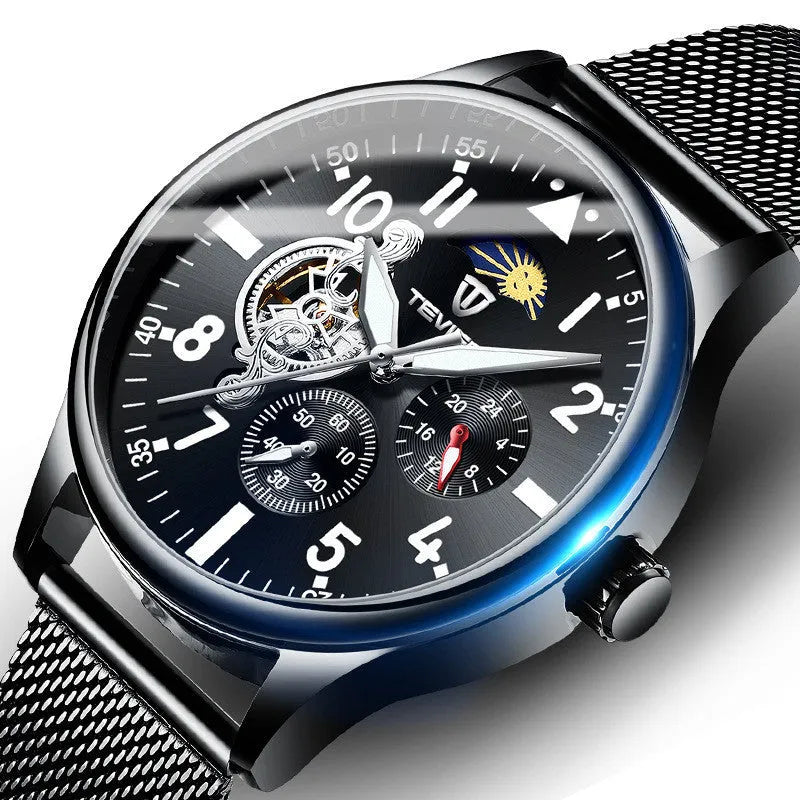Men's black mechanical watch with moon phase indicator and luminous hands on alloy case