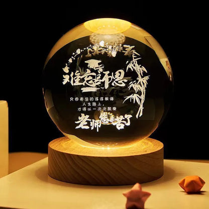 Crystal ball night light projecting 3D starry sky and planets with solid wood base