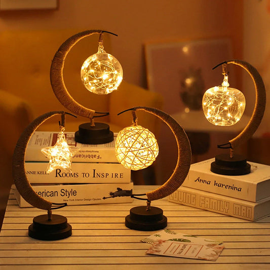 LED Moon Star Shape Copper Wire Lamp with glass pendants and USB/battery power options