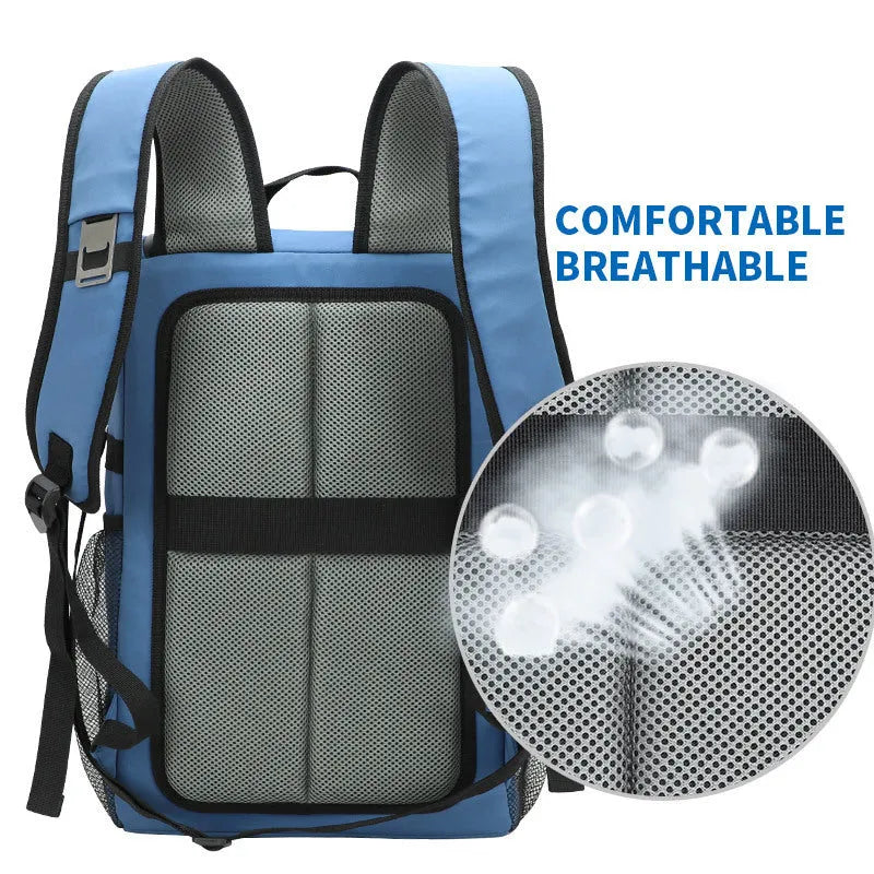Insulated black cloth backpack with mounted bottle opener on shoulder strap