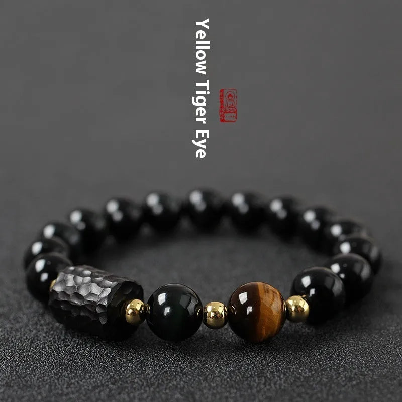 Handmade obsidian bracelet with 10mm red tiger eye beads, unisex retro design.