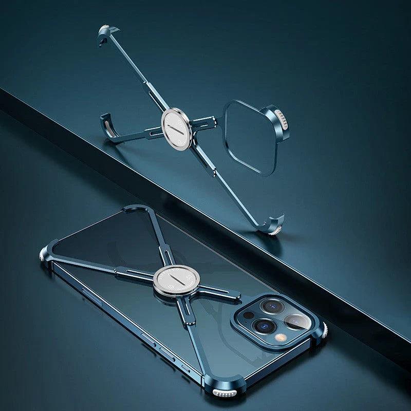 Stylish metal bumper case with X-shaped design, airbag cushioning, and heat dissipation for iPhone 12 and 13 series