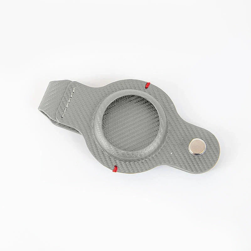 Stylish and secure AirTag holder keychain in black and grey PU leather, with a sturdy key ring for attaching to valuables