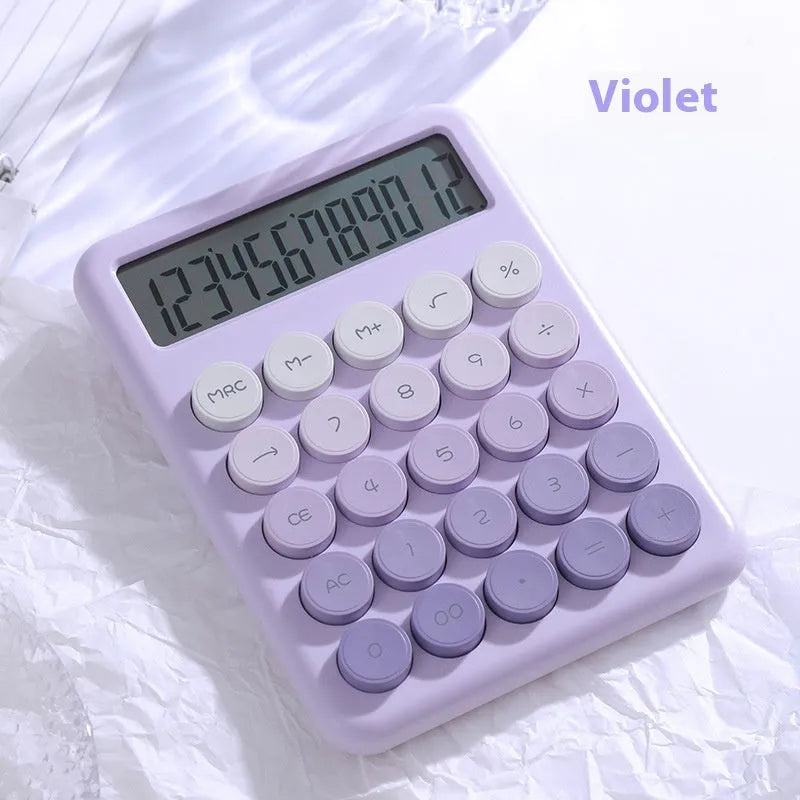 Gradient colour desk calculator with 12-digit display in violet, cherry blossom powder, glacier blue, or mint green options