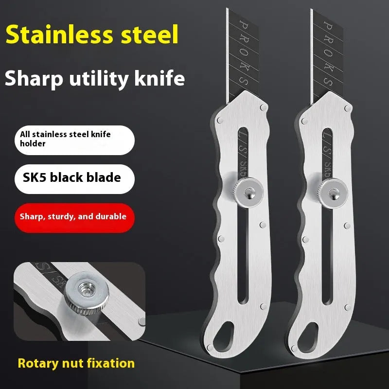 Stainless steel folding utility art knife with black blade and a pack of replacement blades.