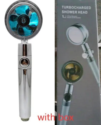 Chrome-finished ABS plastic water-saving shower head with a round, rotating spray head.