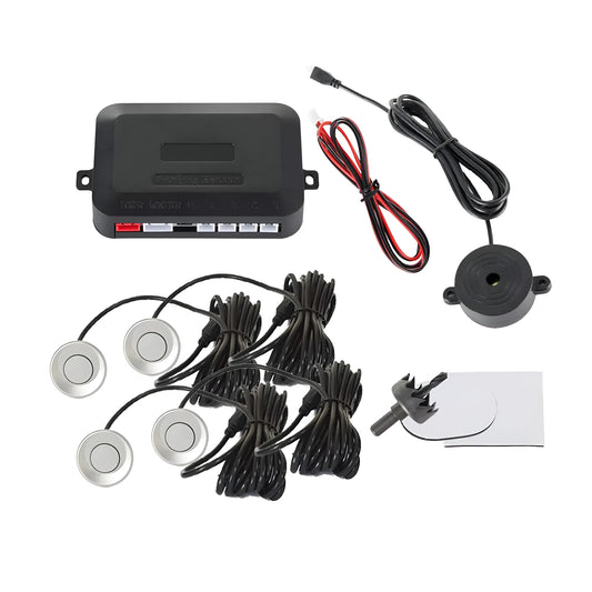 4-probe buzzer reversing radar kit with sensors, control module, and hole saw.