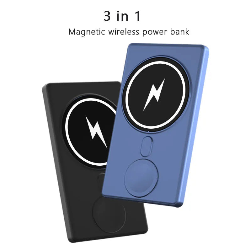 Square aluminium wireless charging power bank showing front and side views with 5000mAh capacity label