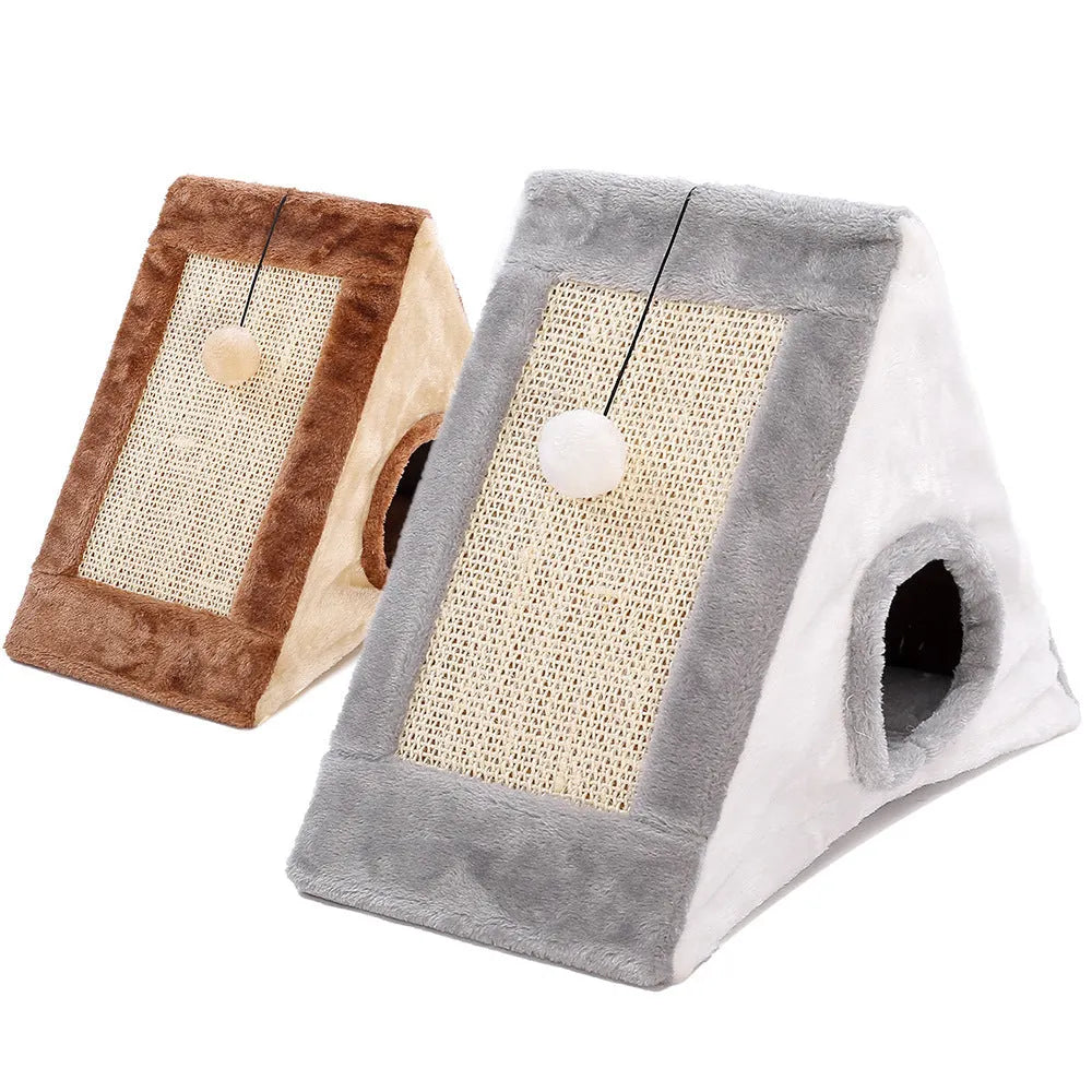 Grey and white triangular cat bed with an integrated sisal rope scratching post.