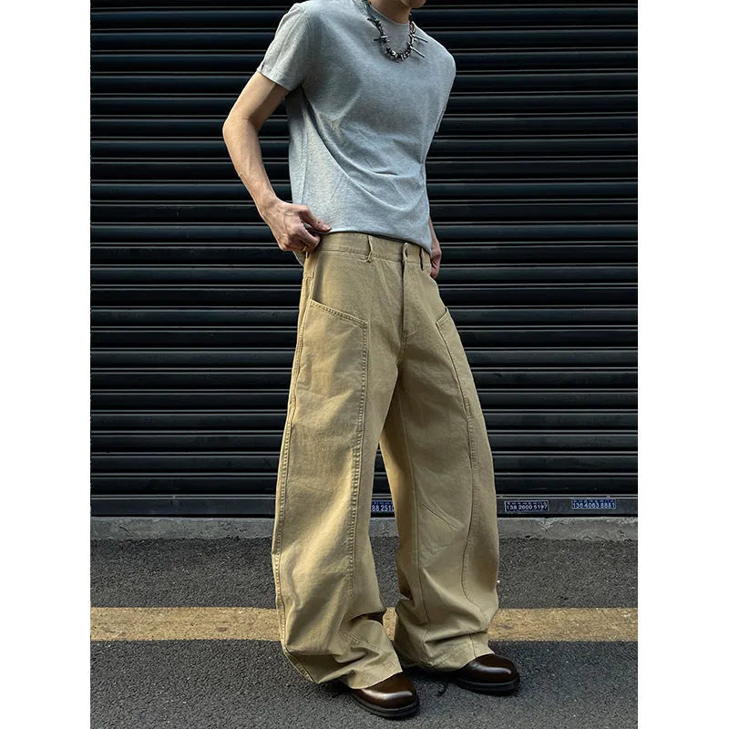 Men's khaki straight leg cotton trousers showing American retro casual styling