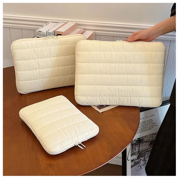 Canvas laptop tablet case in milky white with stitching and splicing detail, anti-theft storage, 13-inch fit