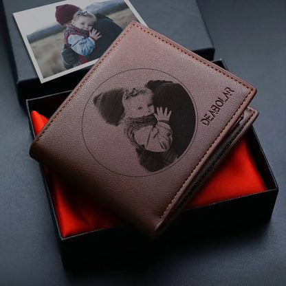 Men's brown leather wallet with a zip closure, presented in individual packaging.