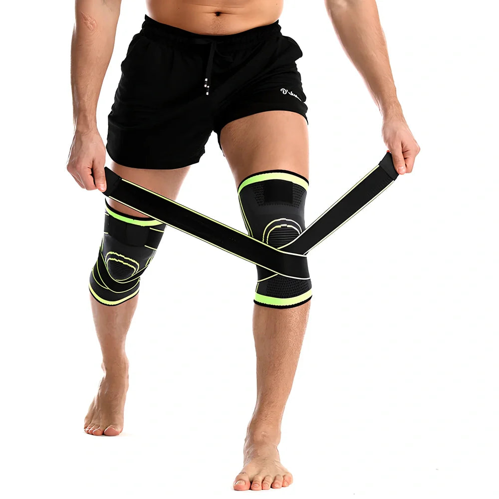 Outdoor sports pressure knee pads in fluorescent green, breathable polyester construction for mountaineering and cycling