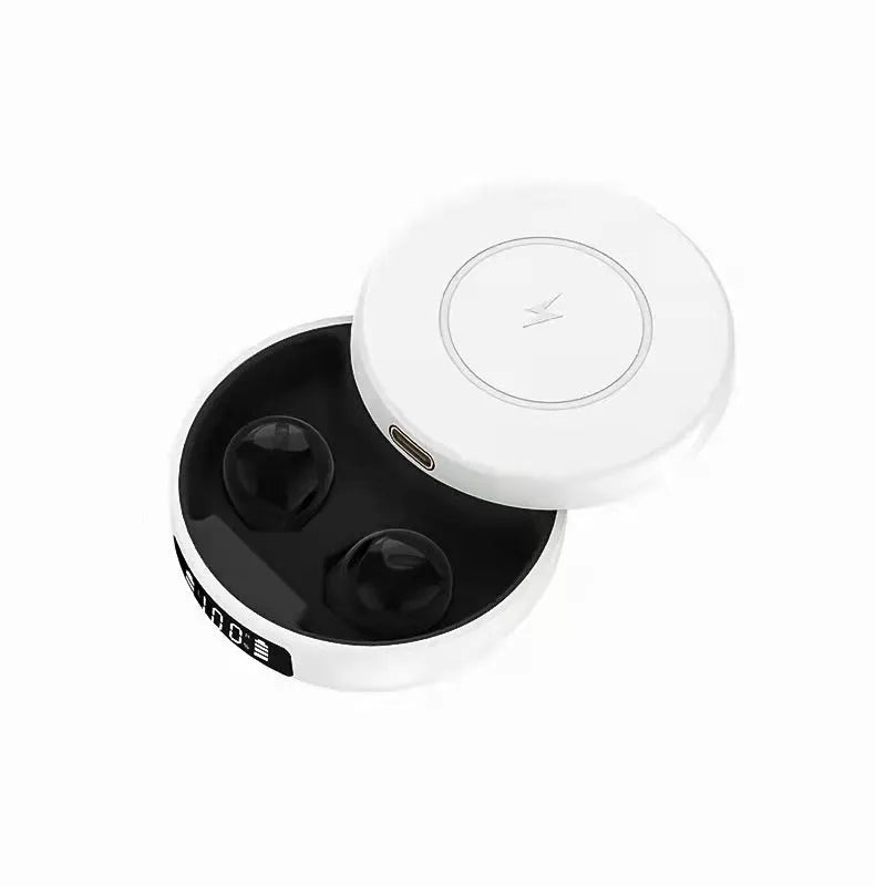 Mini small semi-in-ear wireless headphones with charging compartment, showing black and white colour options