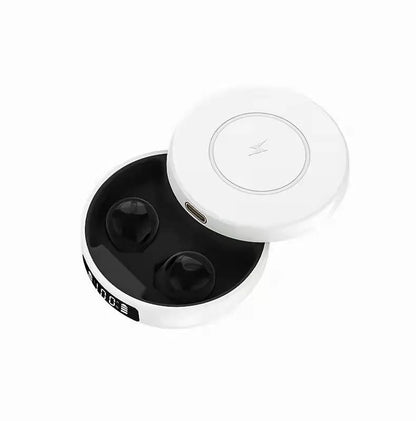 Mini small semi-in-ear wireless headphones with charging compartment, showing black and white colour options