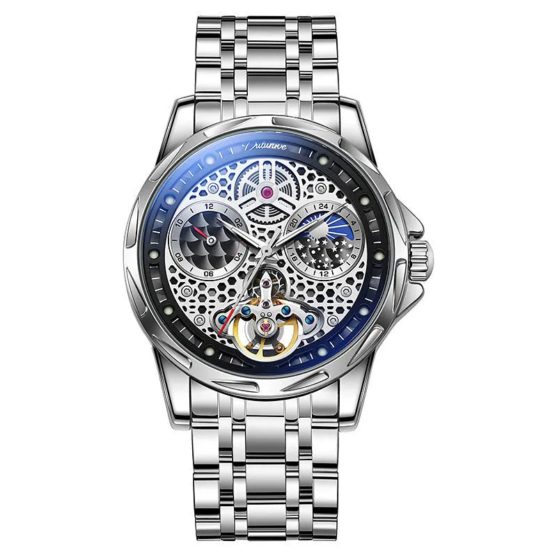 Men's automatic watch with luminous hands, 13mm thickness, available in black or white steel and leather strap options