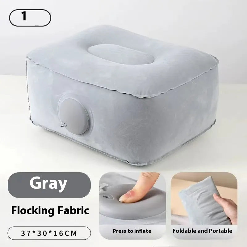 Blue press inflatable seat cushion showing flocked texture, deflated and folded next to an inflated state.