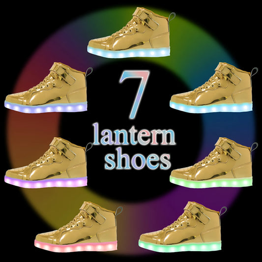 LED light-up high-top sneakers with Velcro strap in multiple colours on a dark background.