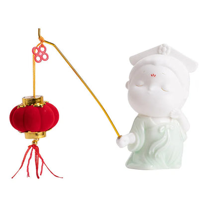 Ceramic cute female court attendant incense burner decoration in Qingge red colour.
