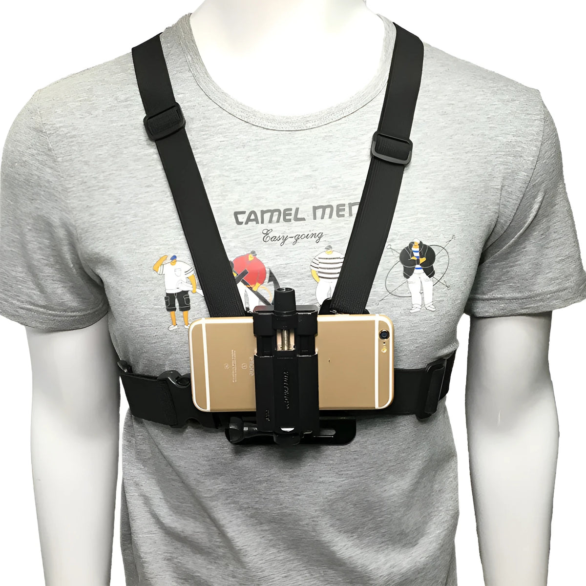 Black mobile phone chest mount harness with adjustable nylon straps and ABS phone clip for 4-5.5 inch smartphones