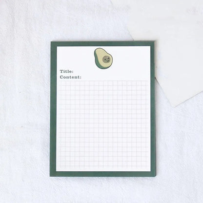 Cartoon sticky note pad in avocado or bear design, showing large and small size options next to a pen.