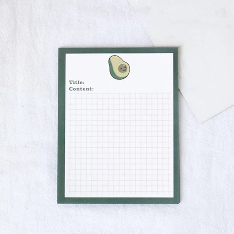 Cute cartoon sticky note pads in bear, avocado, love, and small flower designs with 30-page notepads in two size options for home, school, and office use, featuring a paper cover and simple paper construction.